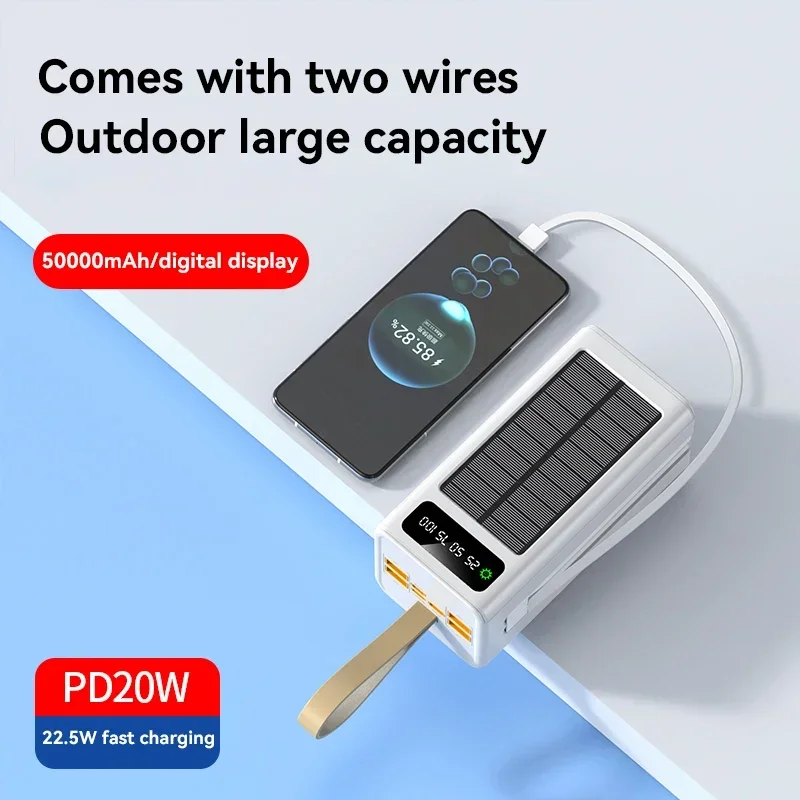 Xiaomi 50000mAh zagęszczony Bank energii słonecznej o dużej pojemności wbudowane kable zewnętrzne baterie LED Light Power Bank dla iPhone Lenovo