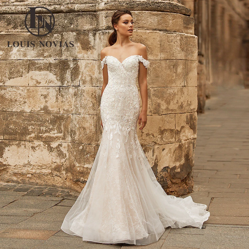 LOUIS NOVIAS Mermaid Wedding Dresses For Woman Sexy Sweetheart Appliques Tulle Button Court Train Wedding Gown Vestidos De Novia