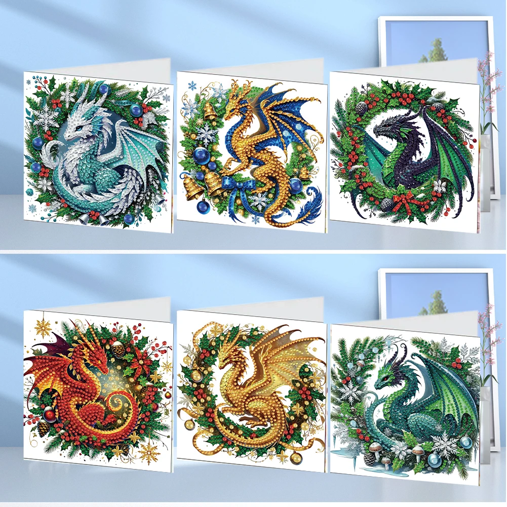 6PCS DIY Diamond Art Greeting Cards Christmas Dragon Congratulations Cards