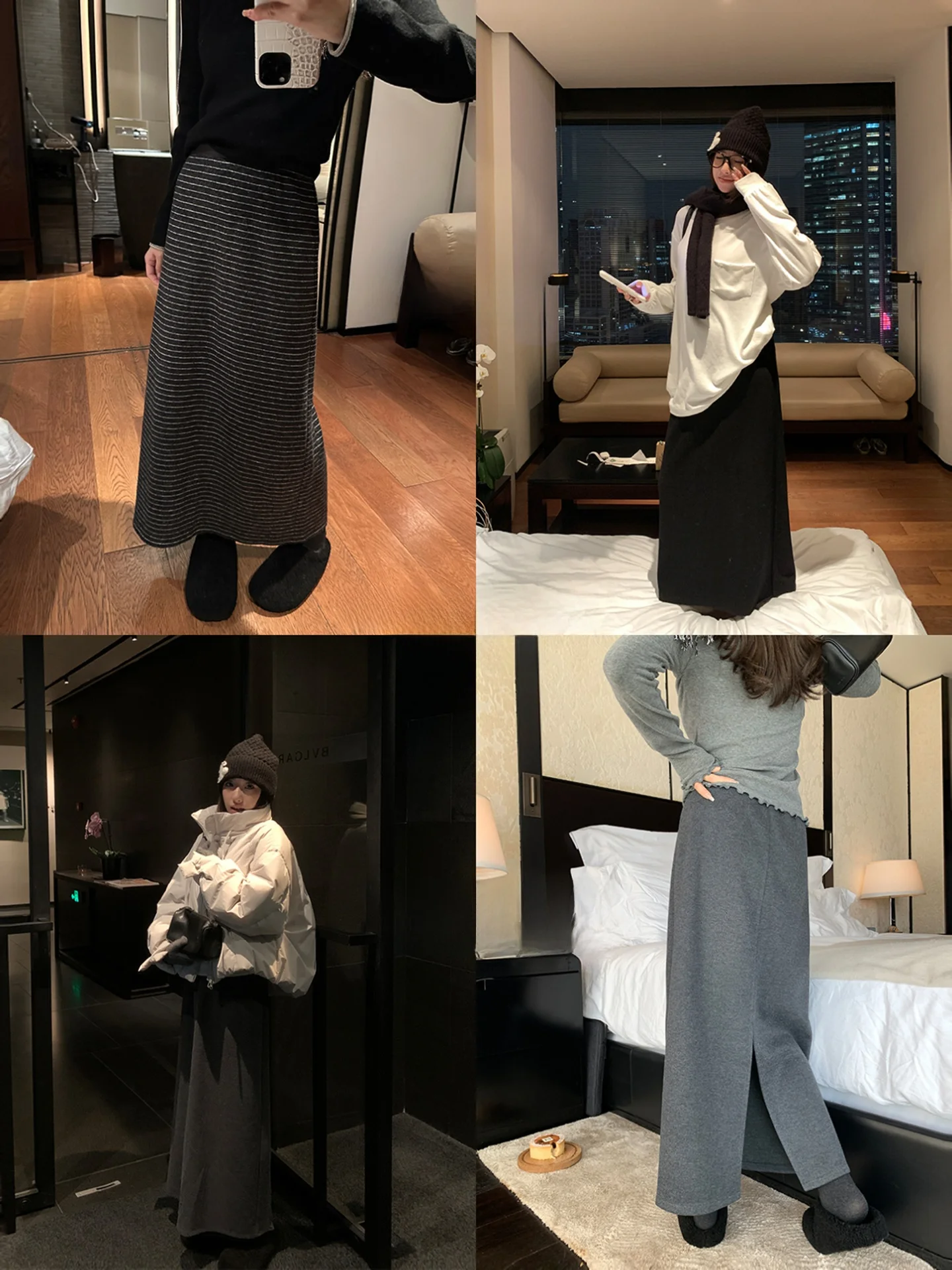 EKOOL กระโปรงลายทางเอวสูงผ้าวูลอะซิเตทกระโปรงยาวทรงเอเอวยืดหยุ่นสำหรับผู้หญิงฤดูหนาวสไตล์เกาหลีสวมใส่สบายๆ