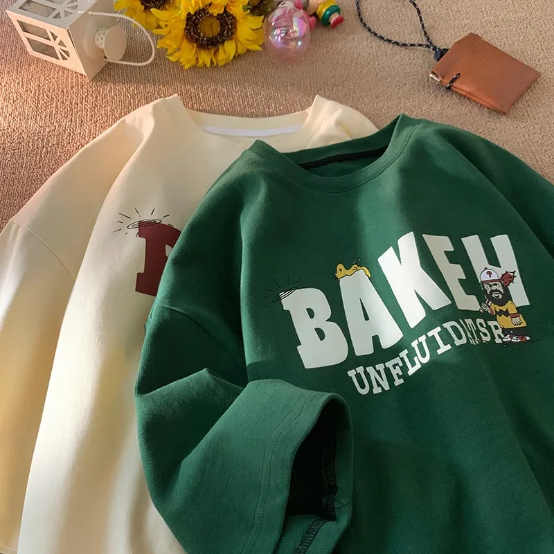 

Летняя мужская футболка с коротким рукавом в стиле ретро, модный американский бренд, топ с принтом для пар, дышащий, легкий, хлопковый, с круглым вырезом