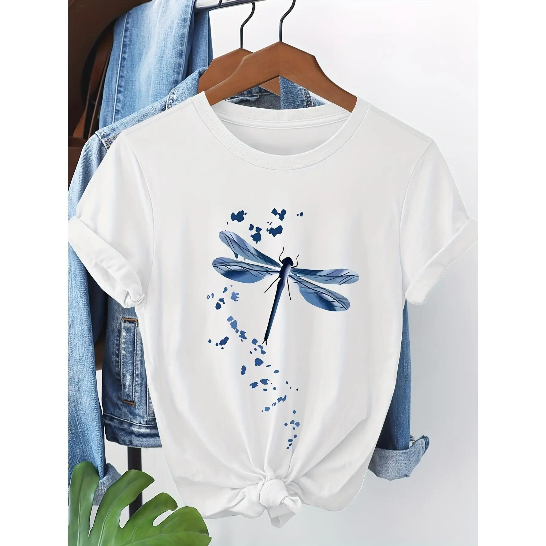 

Women's Casual Short Sleeve T-Shirt - Light Yellow Dragonfly & Floral Print, 100% Cotton Round Neck Tee, Machine Washable