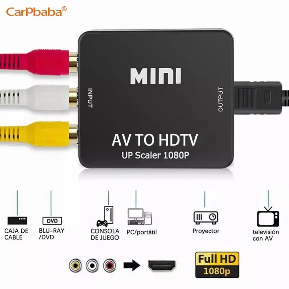 Adaptador AV para HDTV 1080P Conversor de vídeo composto AV2HDTV RCA CVSB L R Caixa conversora de raspador de vídeo