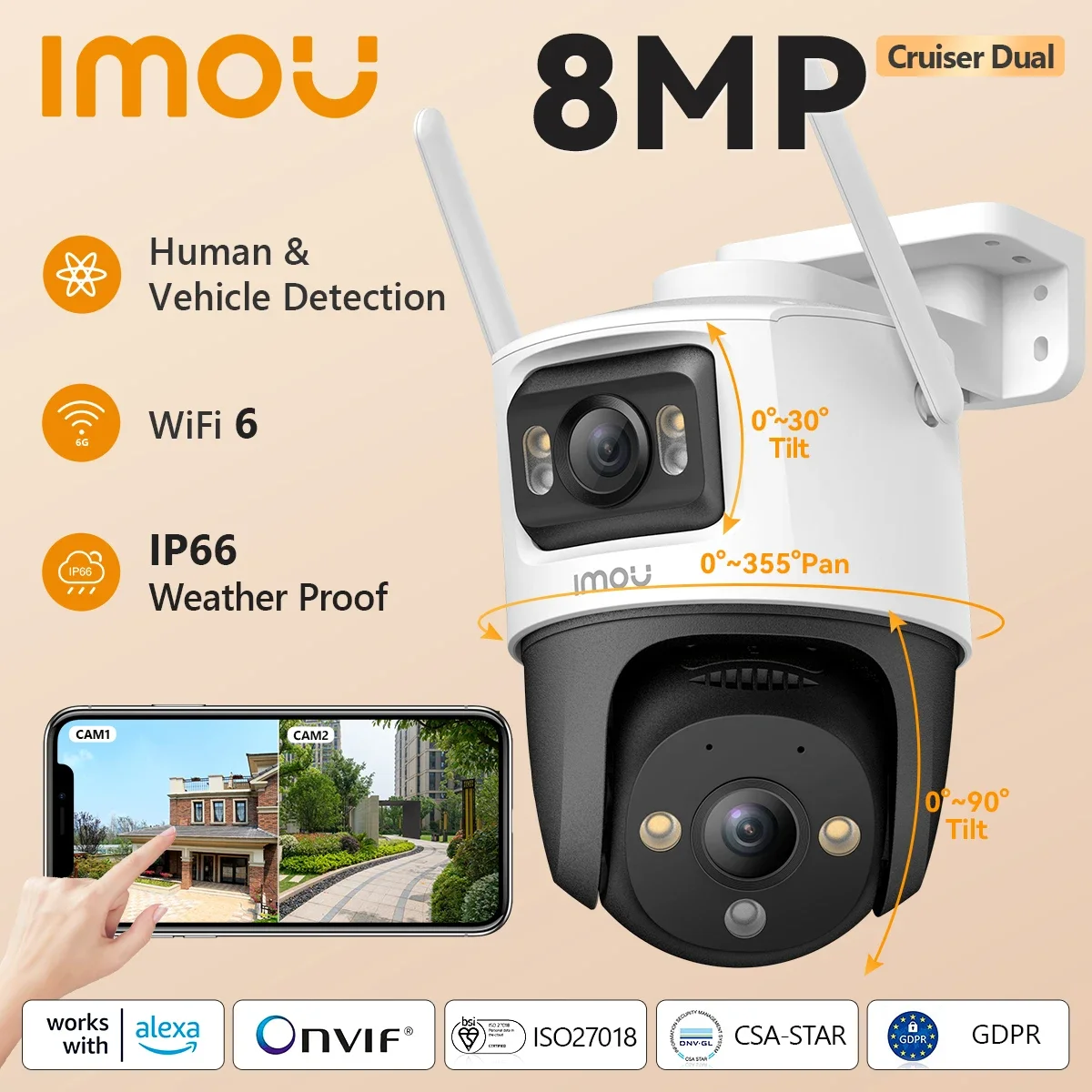 IMOU Cruiser-cámara de vigilancia de doble lente para exteriores, dispositivo de seguridad para el hogar, IP, detección de personas y vehículos por Ia, 6MP/10MP