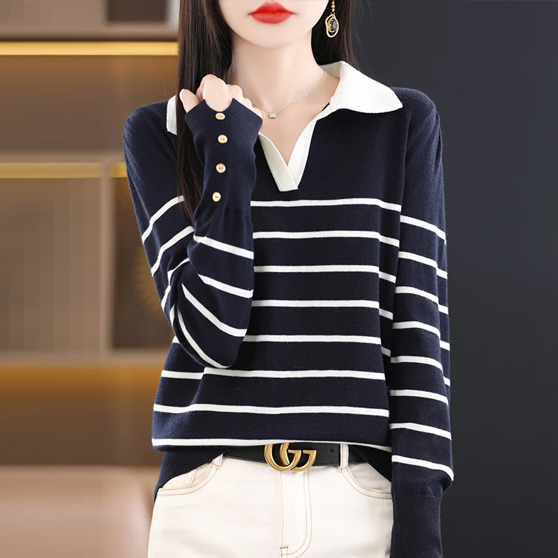 

2023 Spring New Loose Women's V-neck Polo Stripe Knitted Bottom Shirt Versatile Worsted Top Pure Wool