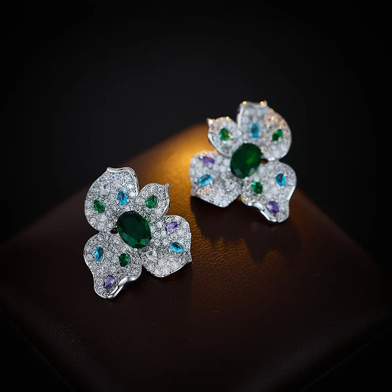 sweet flower stud earrings fushia green yellow zircon luxury jewelry women dinner party daily wear cute petals stud earrings