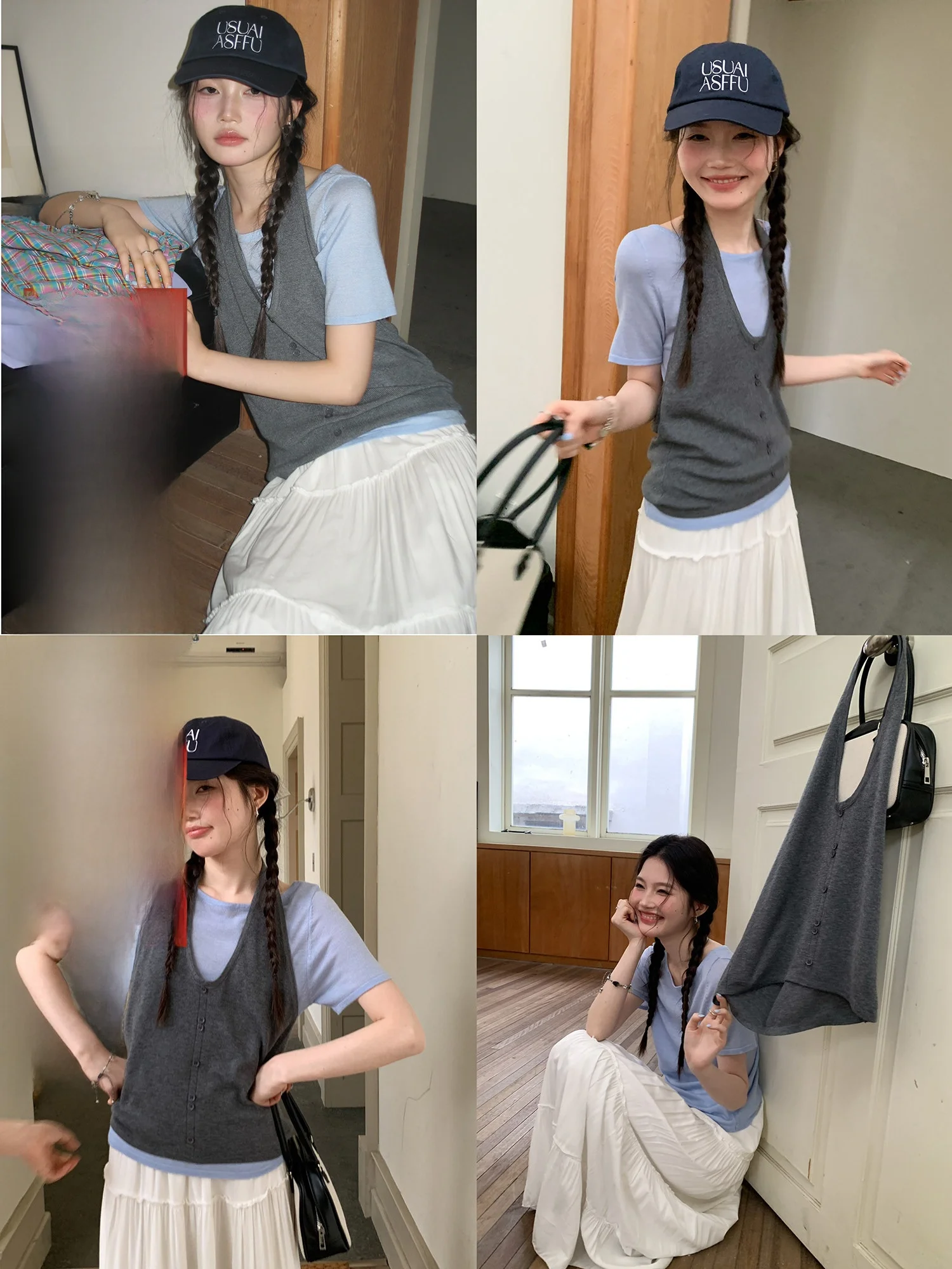 

Korean Style Women's Summer Outfit Set Neck Hanging Top And Bottoms Two-Piece Ensemble High Waist Pure Color Spring Fashion