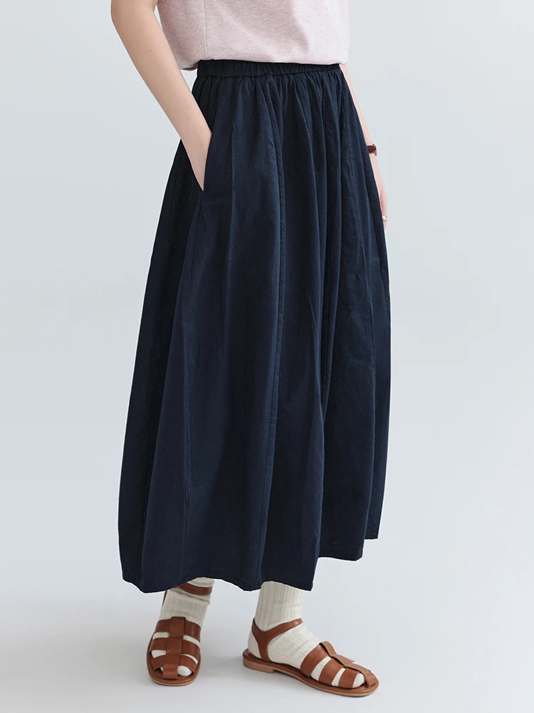 AMUU Korean Style Elastic Waist Pocket Bloom Half Skirt Women's Summer New Pure Cotton Mid-Length Skirt Commute Style
