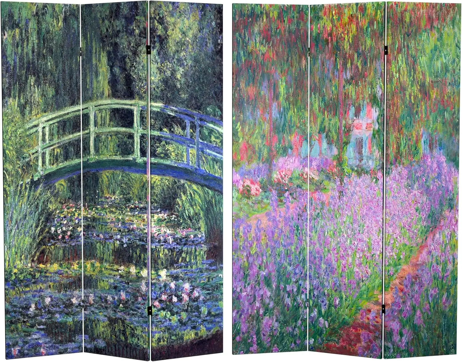 6 ft. Tall Double Sided Works of Monet Canvas Water Lily/Garden Room Divider, 71 inches high and 3 Panels wide