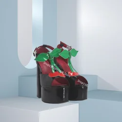 Cherry Pattern Platform Sandals Open Toe Patent Leather Chunky High Heels Summer Women Shoes Dress Shoes Zapatillas Mujer
