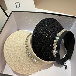 Sombrero de copa vacío para mujer, sombrilla de diamantes de imitación de lujo, sombreros de Sol de ala grande, protección UV, viaje, playa, protector solar, gorra de Panamá