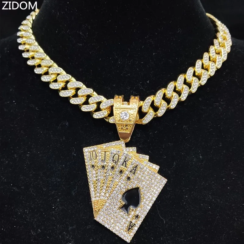 Men Women Hip Hop playing card Pendant Necklace With Crystal Cuban Chain HipHop Iced Out Bling Necklaces Fashion Charm Jewelry