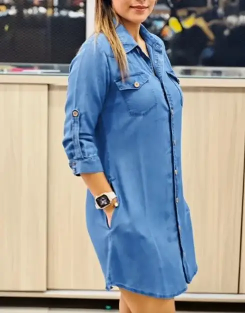 여성용 솔리드 컬러 라펠 버튼 프론트 데님 셔츠 드레스, 패셔너블하고 캐주얼한, 루즈 포켓, 긴 소매 데님 드레스