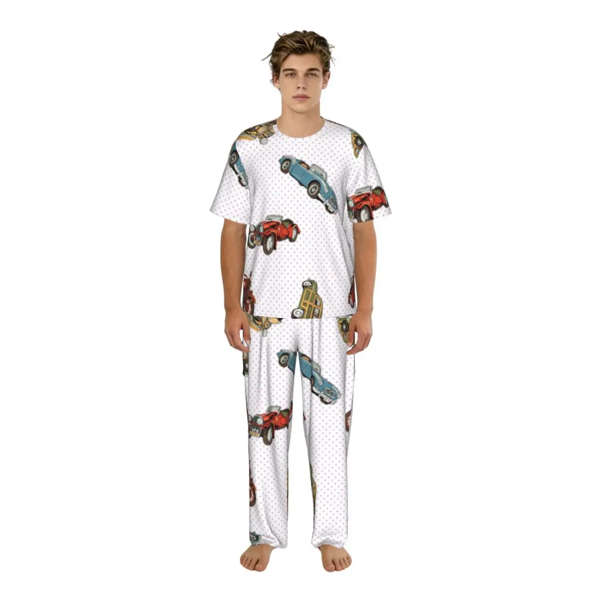 

Men's Pajamas Set Summer Short-Sleeve Tops + Long Pants Nightwear Home Wear Suits Old Car Motorcycle Pattern Sleepwear