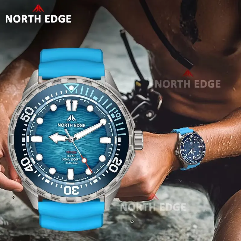 NORTH EDGE TRITON-TI Titanium Stainless Solar-Powered Diving Watch Luxury Quartz Watches For Men 300M Waterproof 180+ Day Power