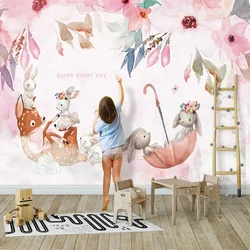 Custom Photo Pink Elk Rabbit Living Room Children Room Animal Decoration Painting Cartoon Pastoral Mural Wallpaper Home Décor