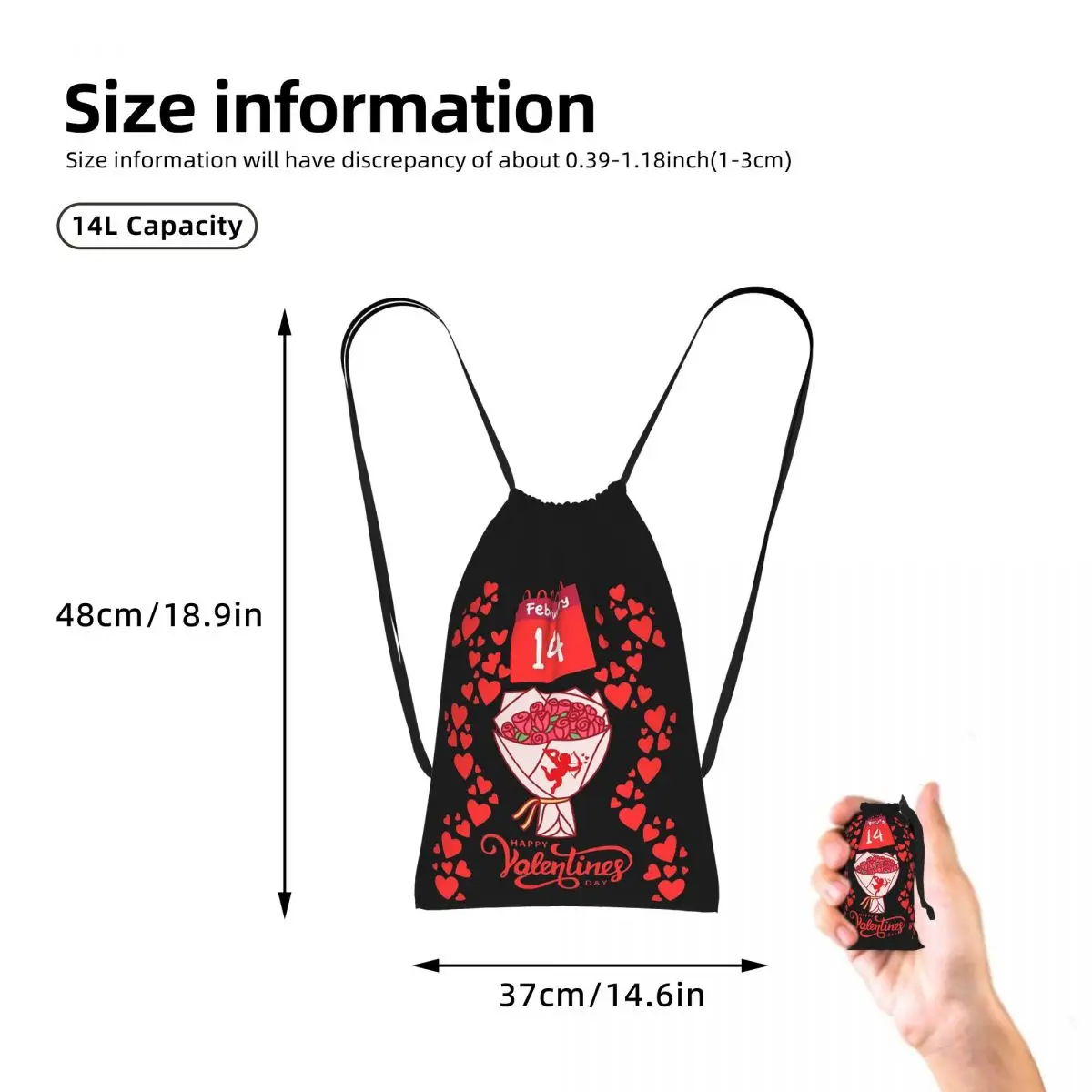 Happy Valentine's Day - February 14 Drawstring Backpack Sports Gym Bag Portable Travel Drawstring Bag for Men Women