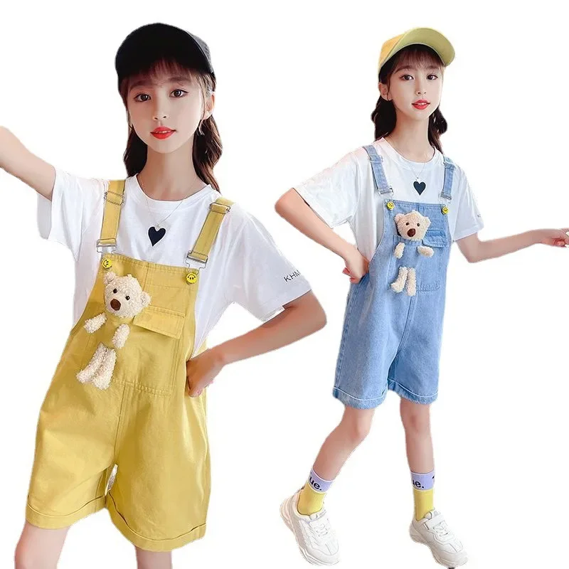 

Candy Colored Overalls for Girls Summer High Waist Shorts Kids Clothing Casual Teenage Children Wear Rompers Jumpsuits with Bear