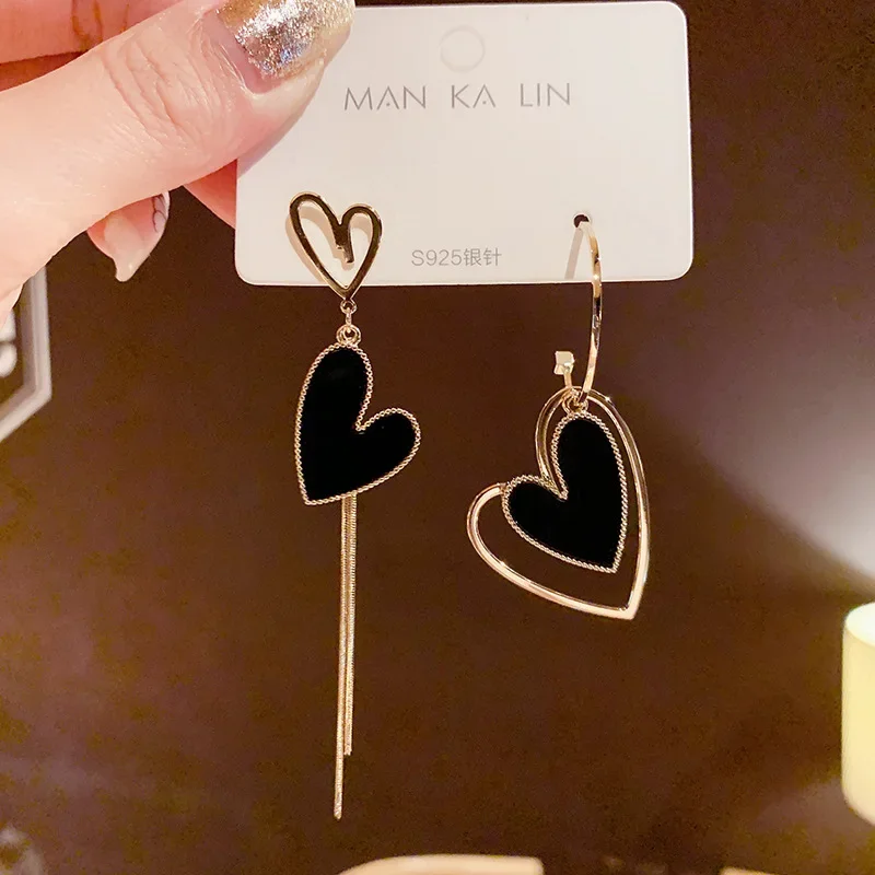 Minar Sweet Asymmetric White Black Enamel Love Heart Earrings for Women Metal Hollow Layered Heart Long Tassel Dangle Earrings