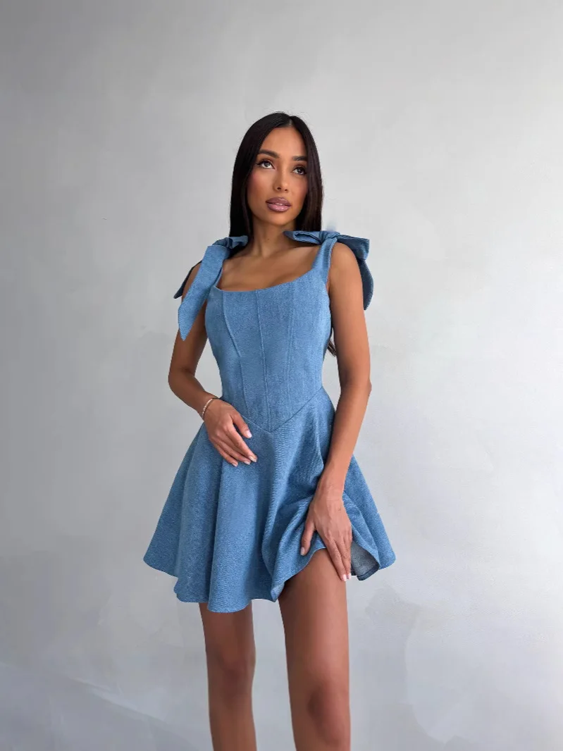 

Женское джинсовое мини-платье с бантом на плече, корсетом сзади, шнуровкой и расклешенным подолом, для вечеринок и летних мероприятий