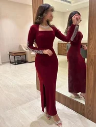 OIMG Customized Prom Dresse Arabic Long Sleeves Ankle Length Crystals Ruched Sheath Burgundy Women  Gowns Formal Party Dress