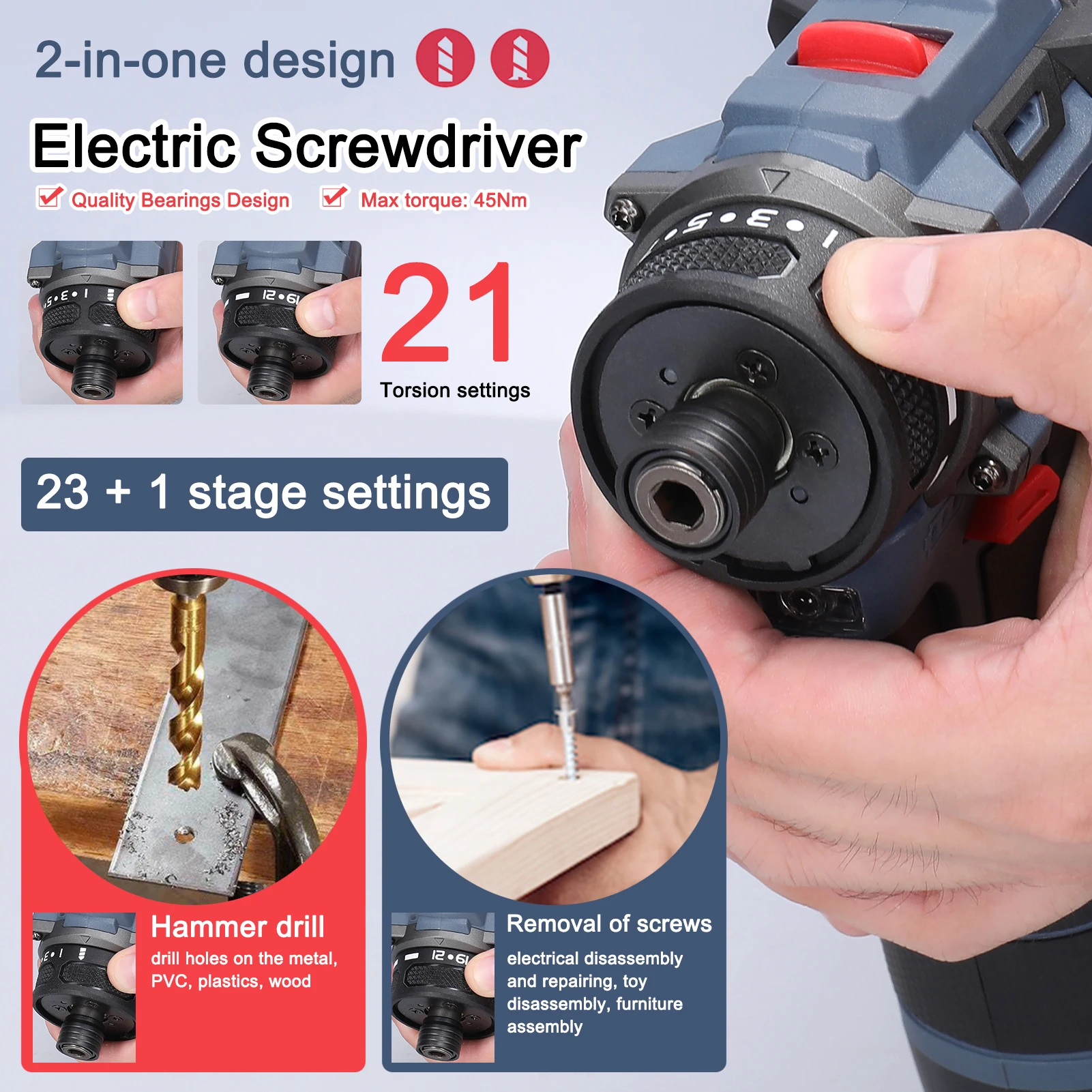 16.8V Electric Screwdriver 45Nm Torque Brushless Motor Screw Driver Stepless Speed Adjustment for Home Batteries not included