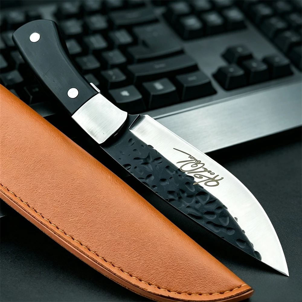 Hand Forged Full Tang Fixed Blade Utility Knife with Ebony Handle & Leather Sheath, Portable Outdoor Camping Gift Knife for Men