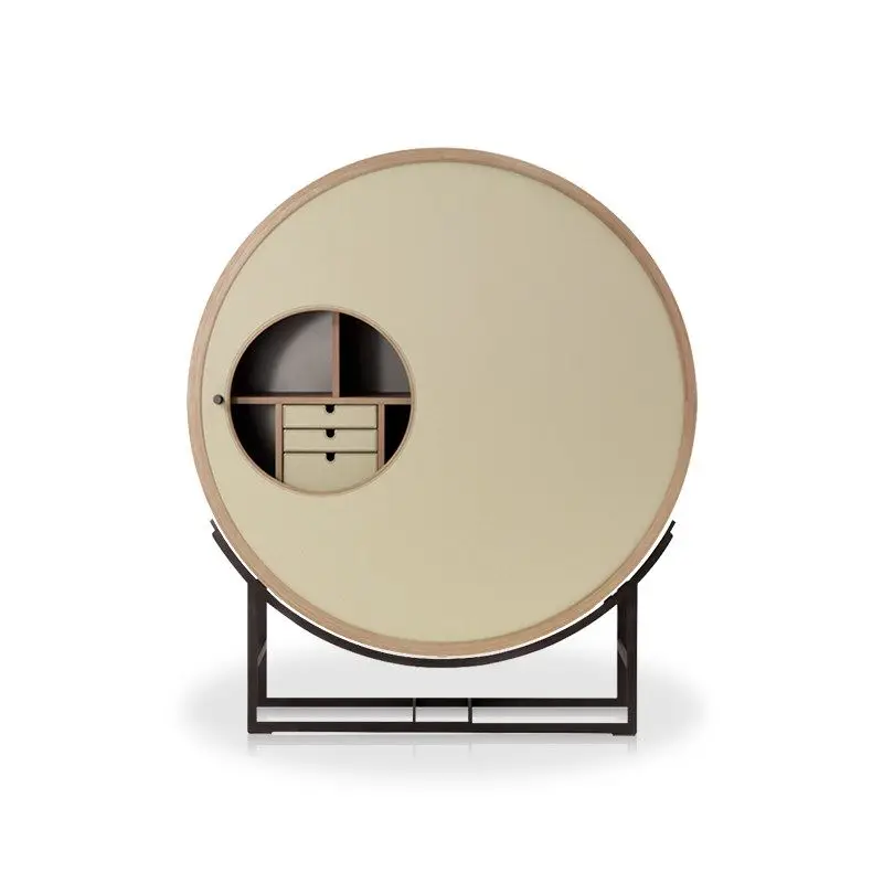 Wine cabinet designer living room high-end genuine leather stainless steel drum-shaped display cabinet