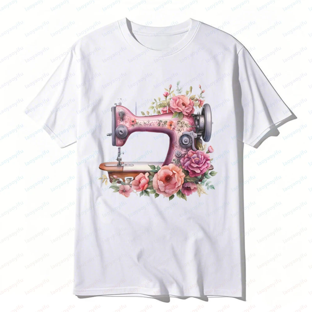Floral Sewing Machine Nostalgia Cotton T-Shirt Summer Fashion Crafting Hobby Casual Style Tops for Women Vintage Classic Tee
