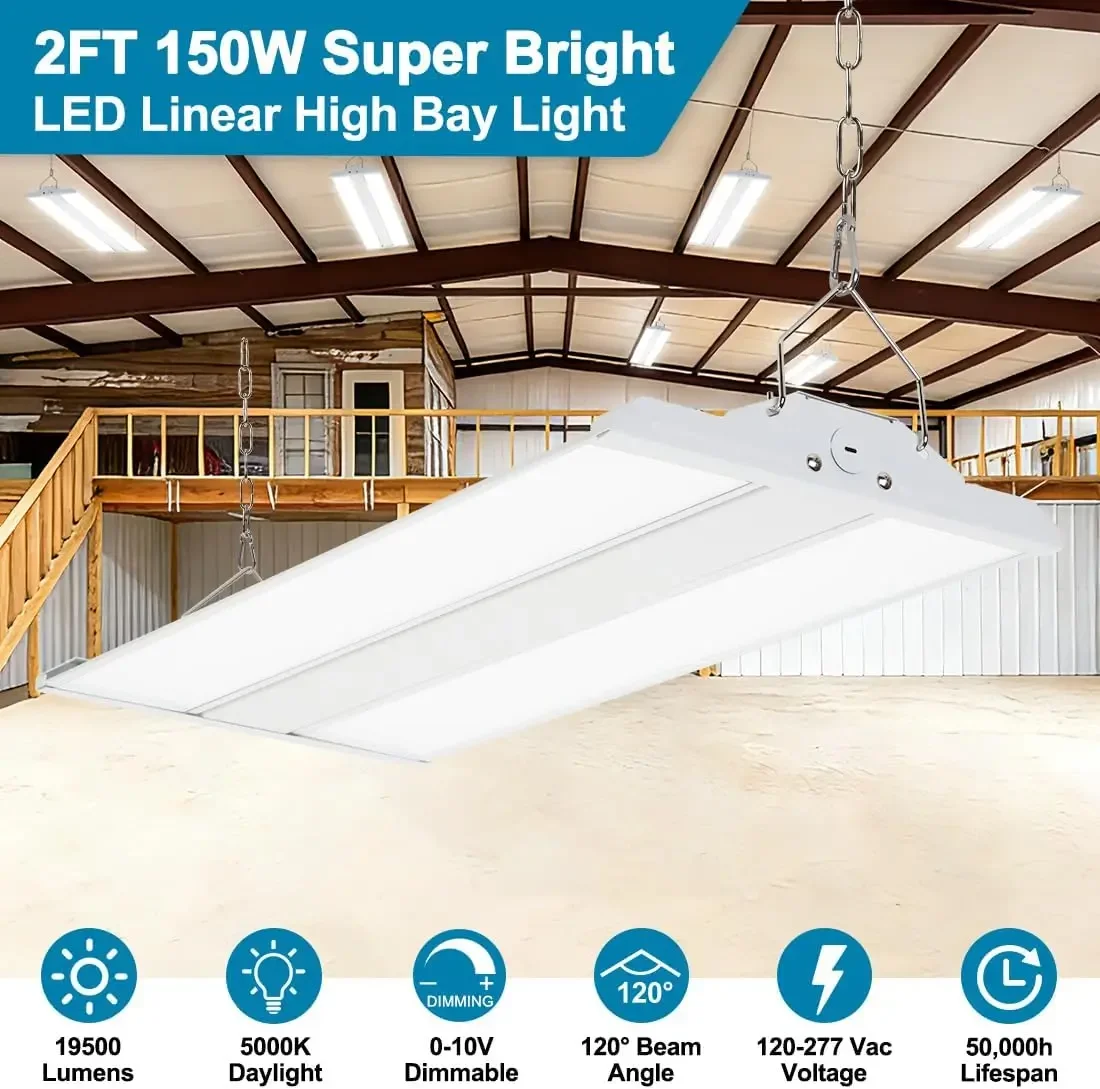 High Bay LED Shop Light 150W 19500LM 5000K Daylight 6 Pack | 120-277V, 0-10V Dimmable Commercial Linear High Bay Lights for Ware