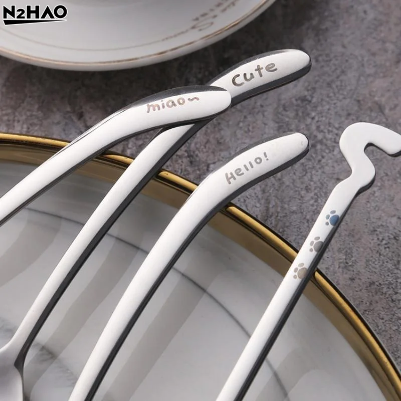 Stainless Steel Cute Cat Spoon Food Grade Cartoon Design For Stirring Coffee Tea Dessert Daily Use