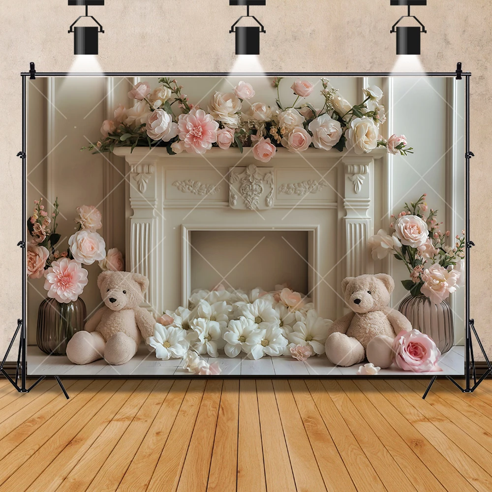 Cute Teddy Bears Photography Background Custom Ball Pink Flowers Birthday Party Decor Banner Kids Portrait Photography Backdrops