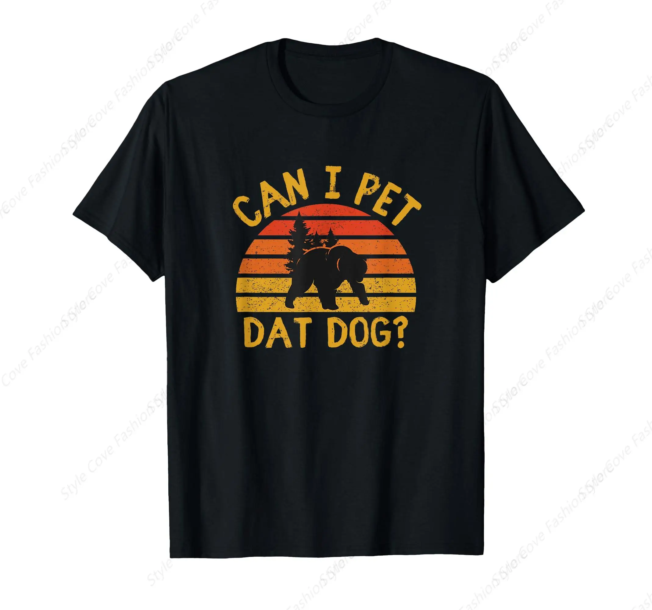 Vintage Can I Pet Dat Dog Rustic Sunset Bear Graphic Printing T-Shirt Leisure Cotton Tee Unisex