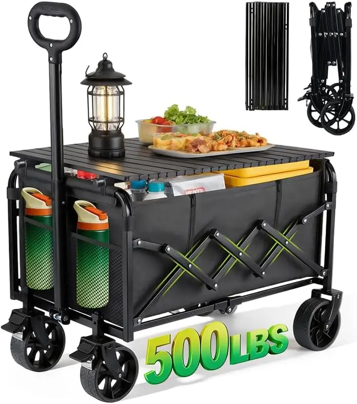 

500LBS Collapsible Wagon Cart with Table, 230L Foldable Wagon with Brakes, All-Terrain Swivel Wheels for Camping Shopping Garden