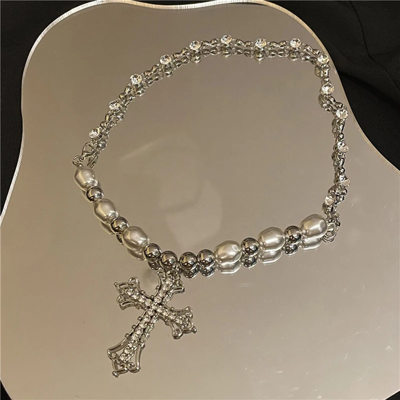 Retro Diamond Inlaid Pearl Pendant Necklace Punk Hip Hop Simple Cool Cross Chain Exquisite Temperament Party Jewelry Gifts