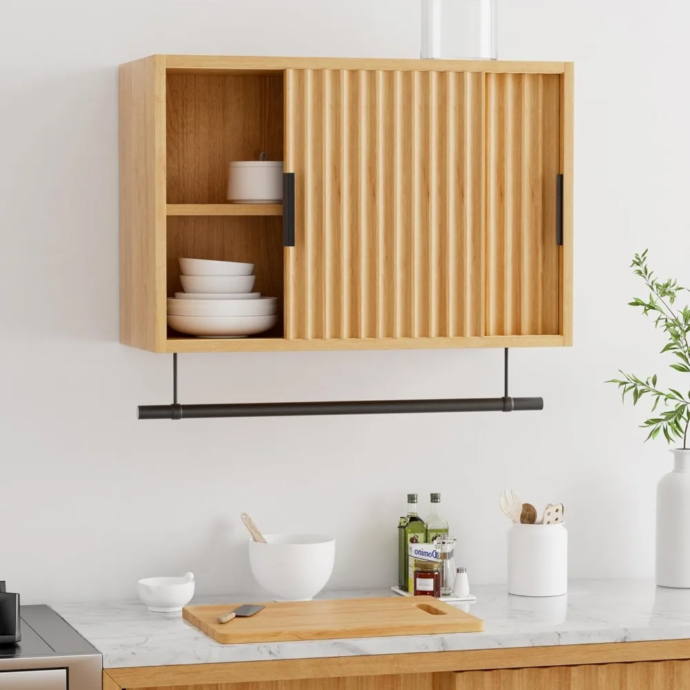 

Bathroom Wall Cabinet with Fluted Sliding Door, Wooden Medicine Cabinet with Towels Bar Adjustable Shelf, Modern Farmhouse Wall