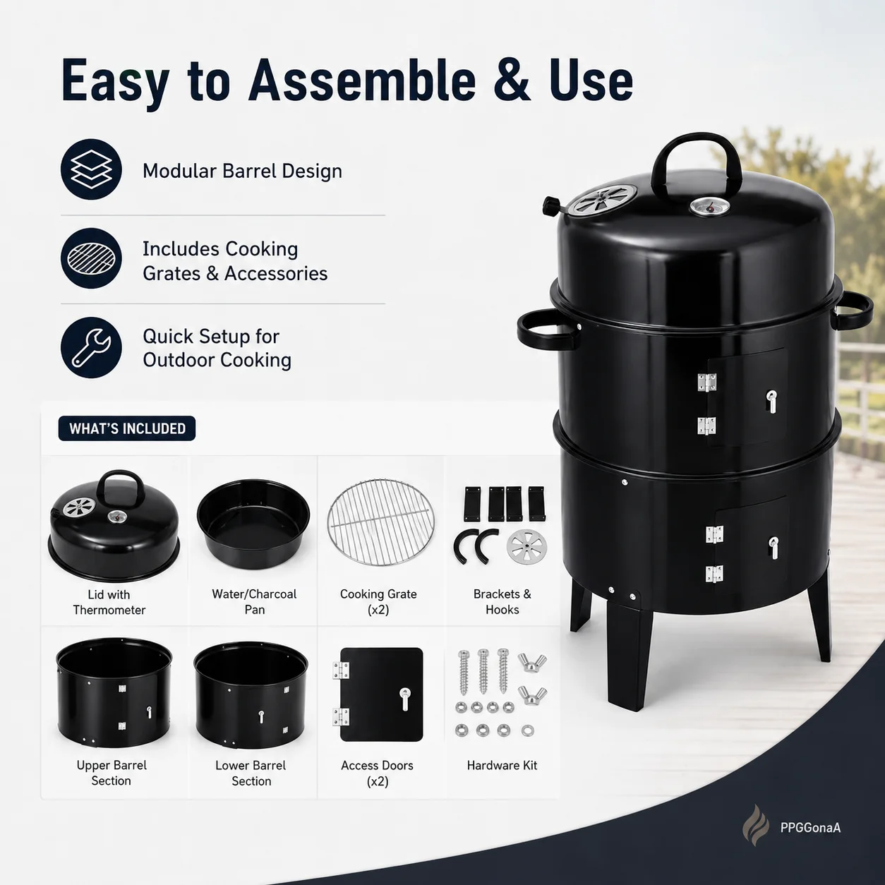 3-in-1 Vertical Charcoal Smoker Grill with Thermometer, Adjustable Air Vent, 2-Tier BBQ Cooker for Patio Camping