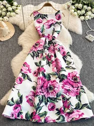 Women Long Dress Retro Elegant High-end Floral Print Pleated Fluffy Sleeveless Slim Prom Party Formal Dress 2025 Spring Summer