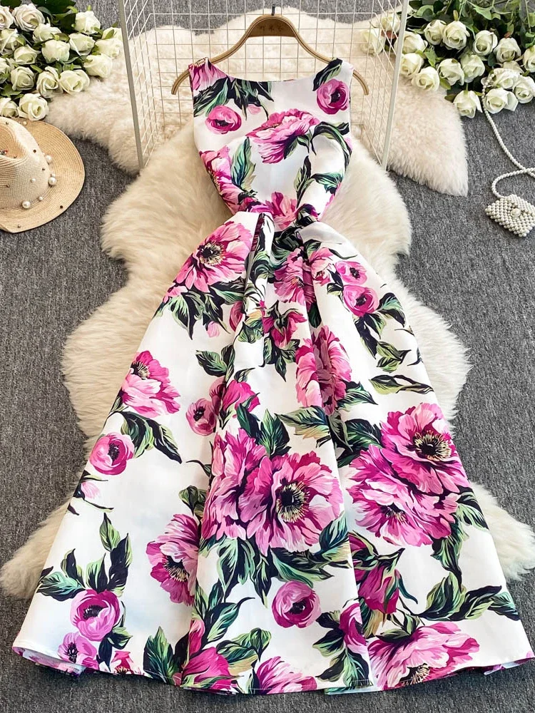 Women Long Dress Retro Elegant High-end  Floral Print Pleated Fluffy Sleeveless Slim Prom Party Formal Dress 2025 Spring Summer