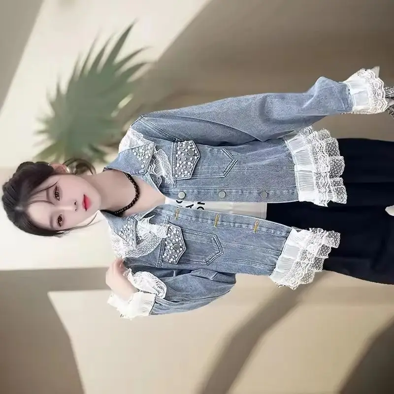 

Новинка 2023 года, джинсовая куртка, женская весенне-осенняя ковбойская куртка, женский дизайн, уникальное кружево, супер красивые джинсы, верхняя одежда, топ