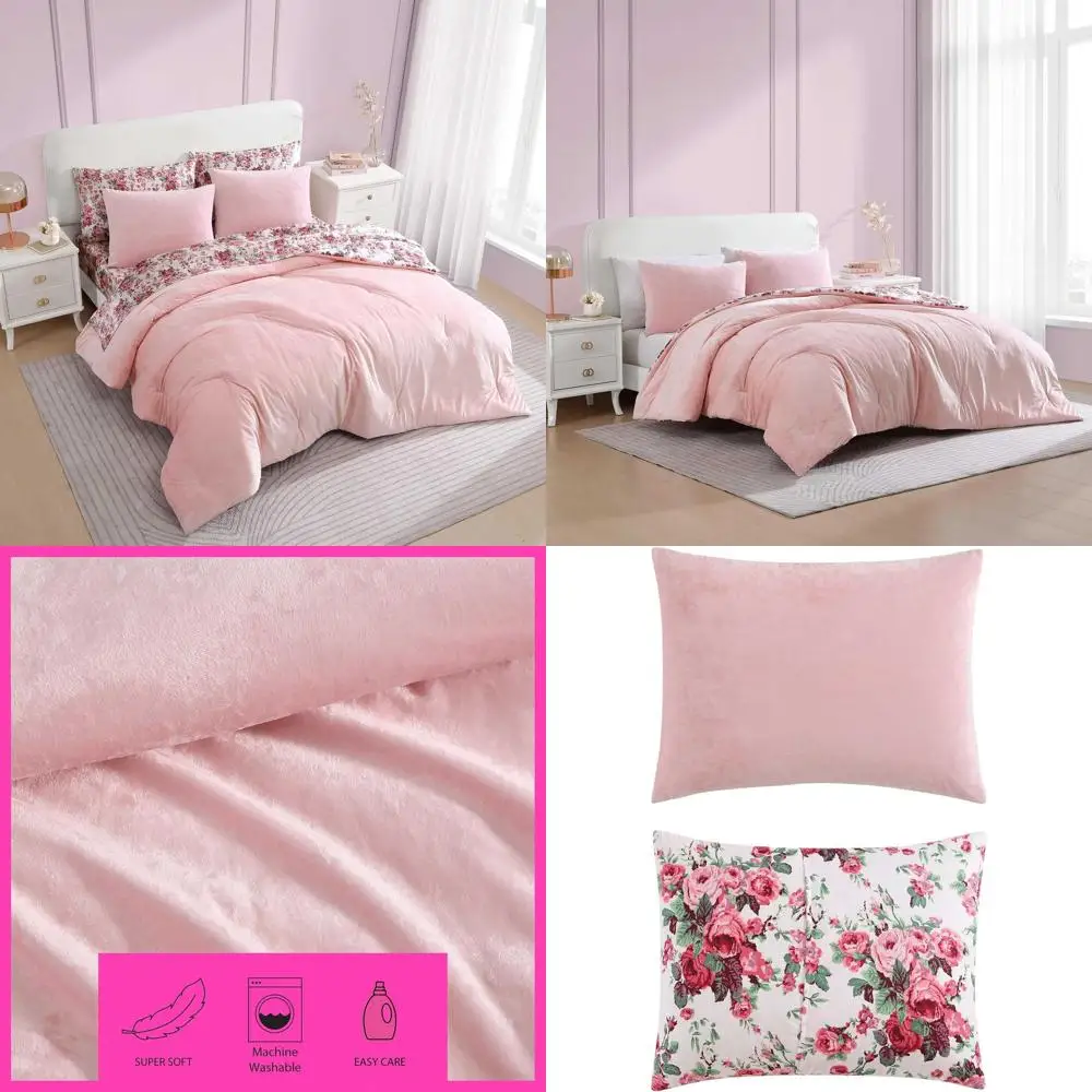 

Velvet Pink Queen Duvet Cover Set with Matching Shams, Chic Bedding Ensemble