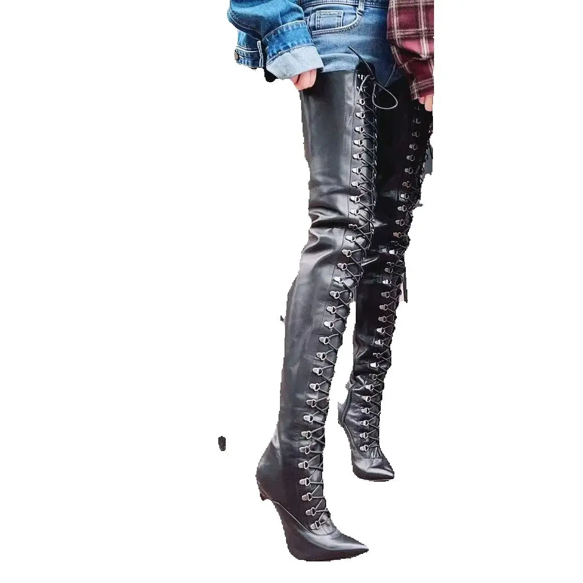 Schwarze Schnür-Overknee-Stiefel mit dünnem hohem Absatz, spitzer Zehenpartie, modisch, sexy, Winter 2025, große Größen, Damenschuhe, Zapatillas Mujer