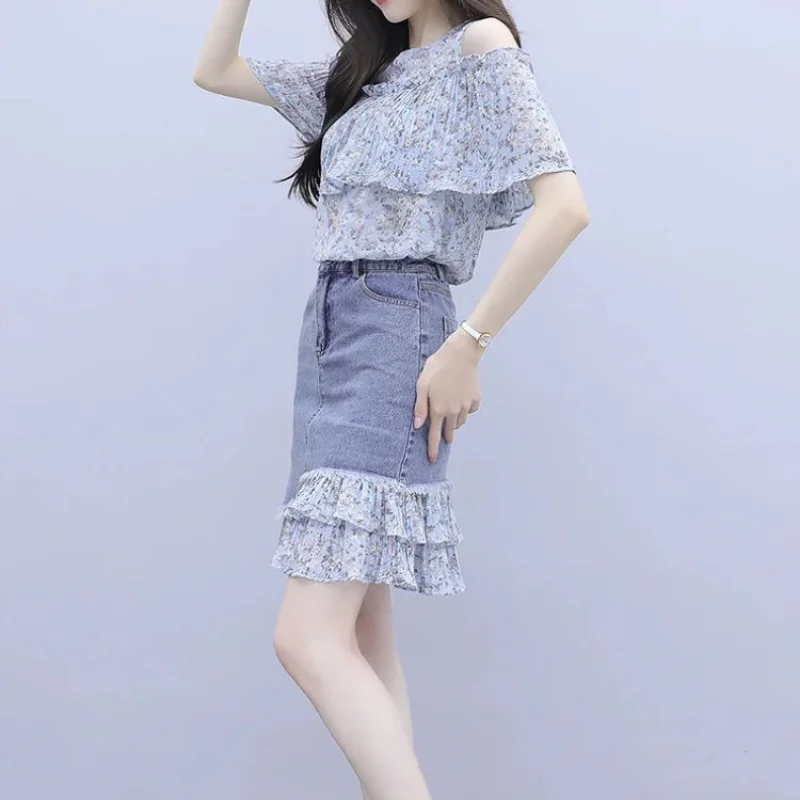 Short Sleeve Skirt Women's Two Piece Set Kawaii Female Outfits Printing Denim Chic and Elegant Jacket Full Summer Fashion 2024