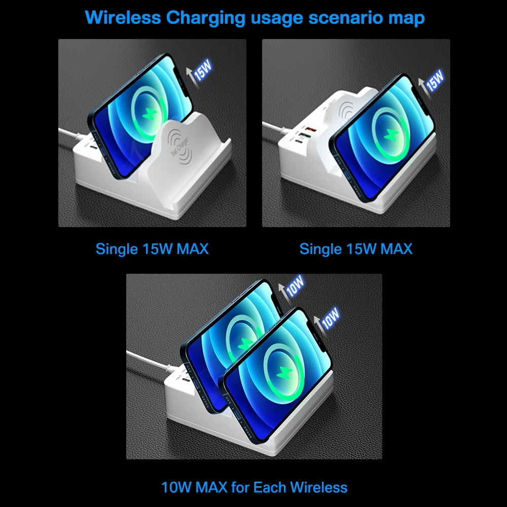 80W Dual PD Charger, Dual Wireless Charger Stand, Quick Charge USB Phone Charger Station For iPhone 13 Xiaomi Fast Charging Hub