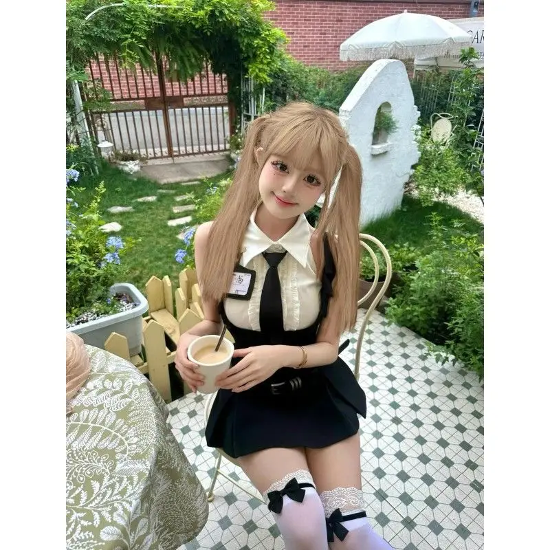 Pure Desire Style Hot Girl Uniform College Leuke Kraag Mouwloos Shirt Hoge Taille Jarretelrokje Sexy Pak