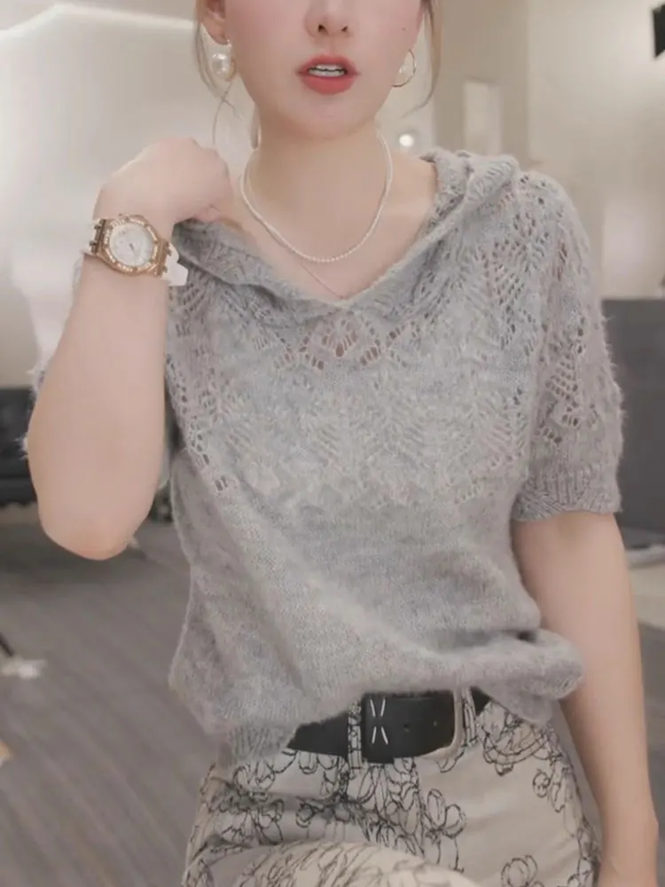 ay محبوك سترة مع قبعة الجوف خارج تصميم الصيف جديد عارضة Sle المرأة ort Sve أعلى الكورية Faion فضفاضة تناسب