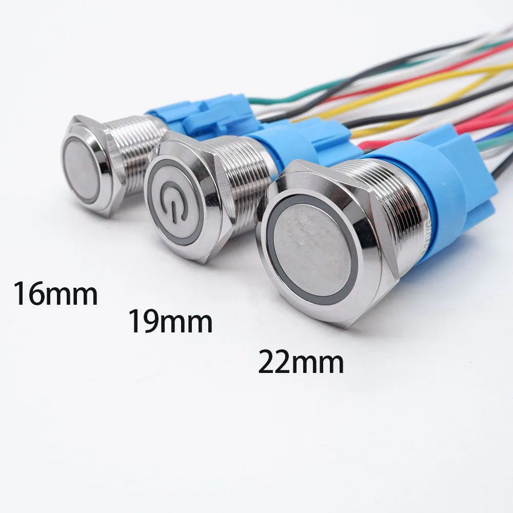 5pcs 16/19/22mm Metal Power Switch Flat Head  With Connector LED Light Momentary Self Reset/Lock Button Car Start Switch 12v 24v image 4