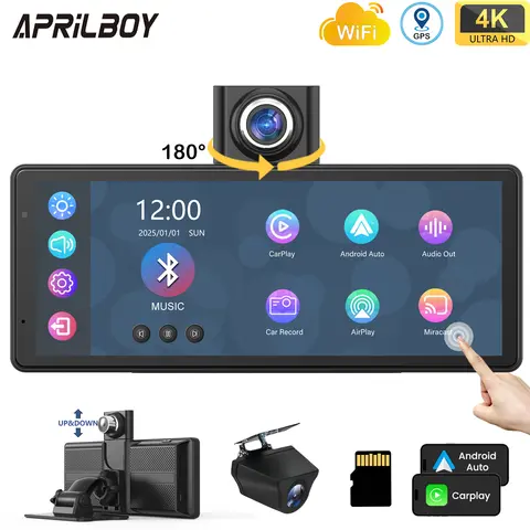 Aprilboy 9 Inch 4K Dash Cam Front Lens 1080P Rear Lens Car DVR Carplay Auto BT Monitor Large Screen Voice Control GPS
