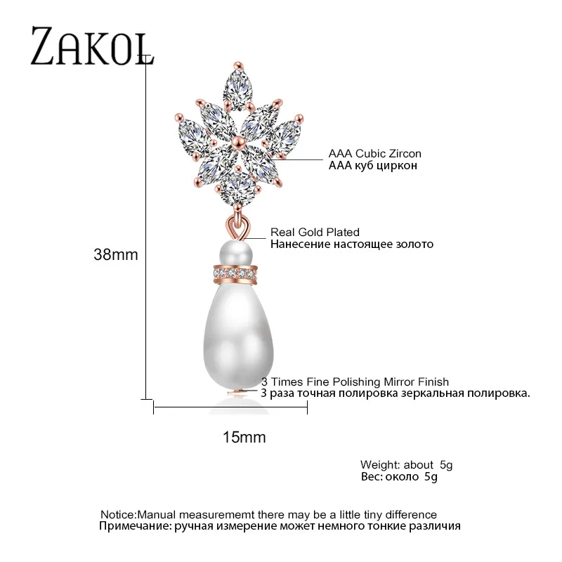 ZAKOL Trendy Marquise Cut Cubic Zirconia Dangle Earrings for Women Fashion Pearl Bridal Wedding Dress Jewelry FSEP2221