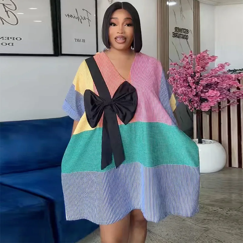 Women's 2026 Autumn. New Fashion V-neck Strip Patchwork Bow Loose Clothes Summer Dresses 2026 Robe Clothes Maxi